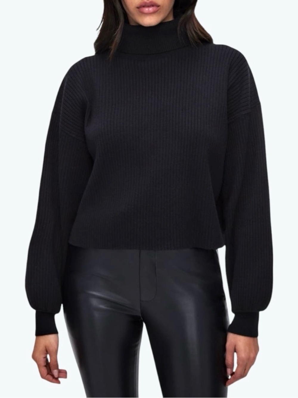 Good American Ribbed Cropped Turtleneck Sweater Black Womens Size 2